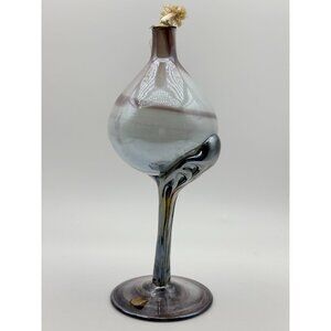 1980s Josefina Krosno Hand Blown Iridescent Blue Art Glass Pedestal Oil Lamp